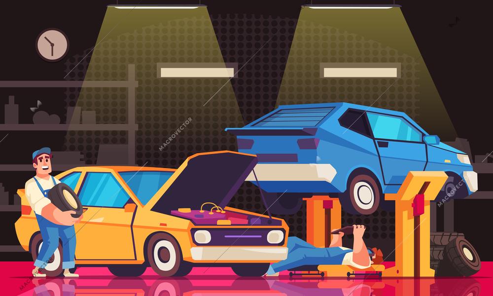 Auto service centre workers in uniform repairing car and changing tyres flat vector illustration