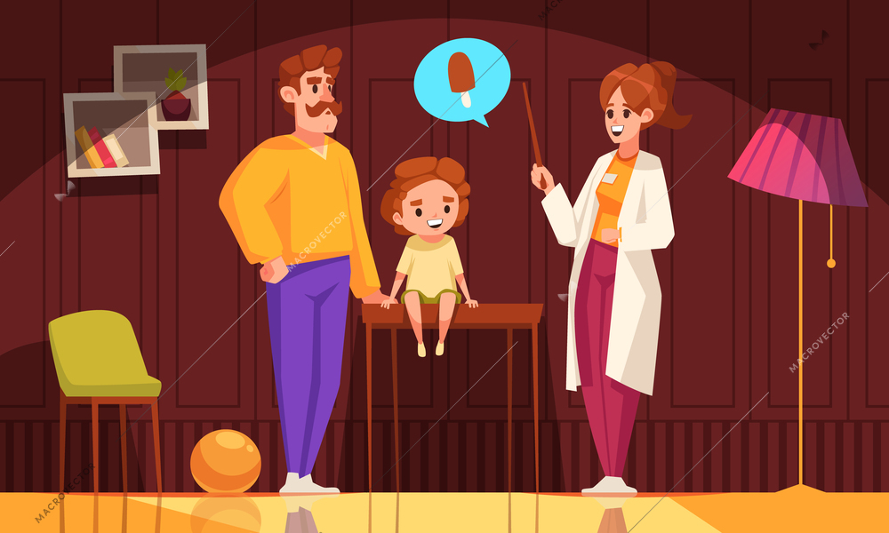 Pediatrician cartoon background with female doctor examining sick kid at home in presence of his father vector illustration