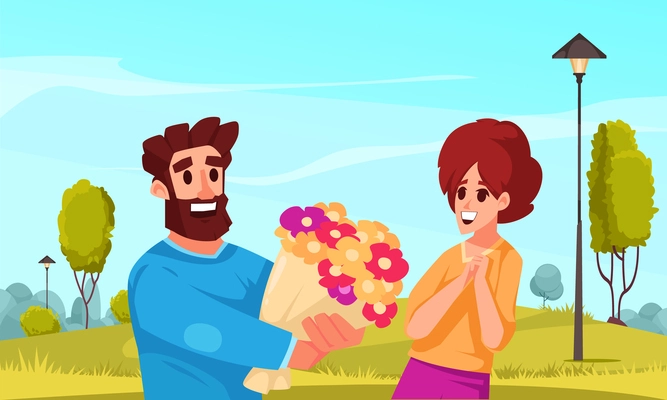 Romantic relationship cartoon background with man giving bouquet of spring flowers to young beautiful girl flat vector illustration