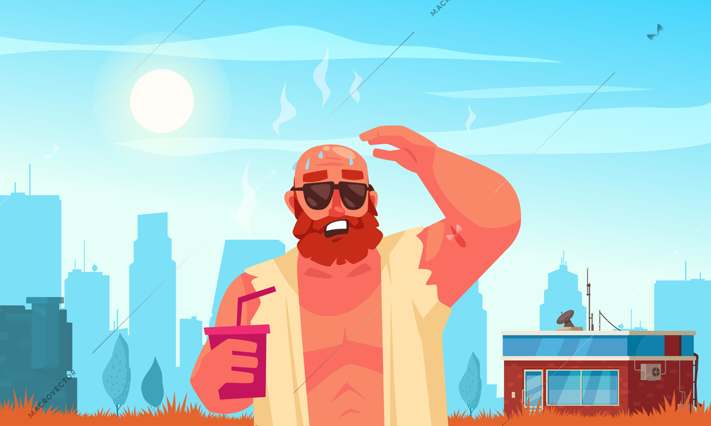 Hot weather flat background with man risking sunstroke with his uncovered head cartoon vector illustration