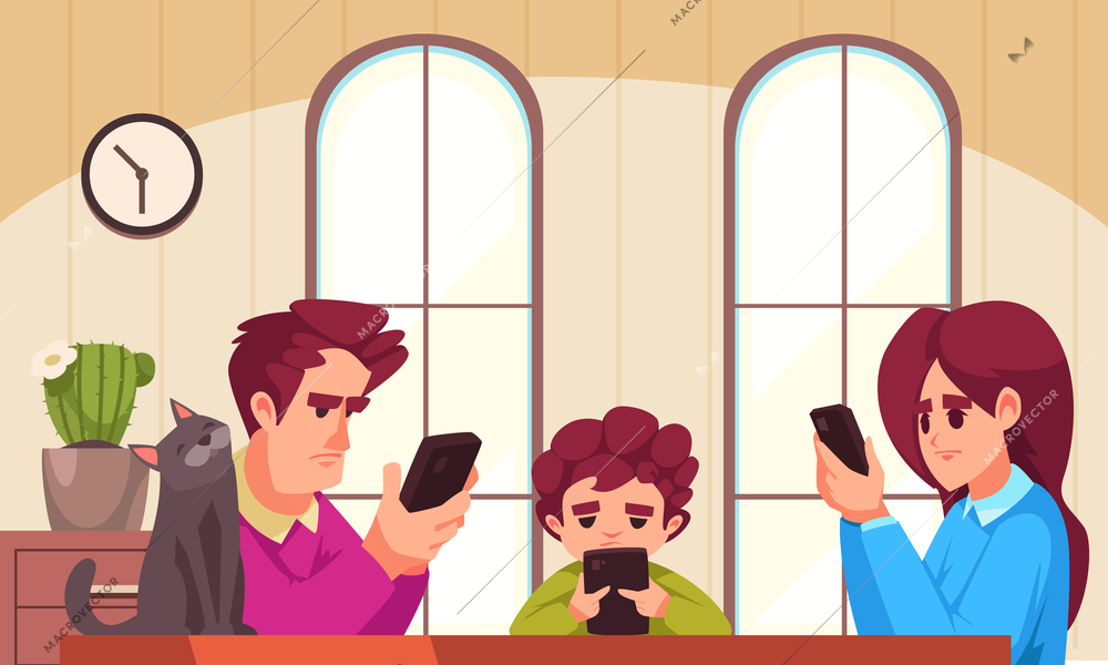 Smartphone addiction design concept with mother father and little son looking in their gadgets in home interior vector illustration