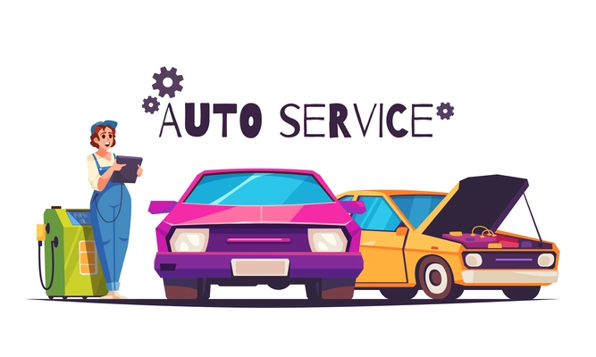 Auto service cartoon background with cute female worker performing vehicle diagnostics flat vector illustration