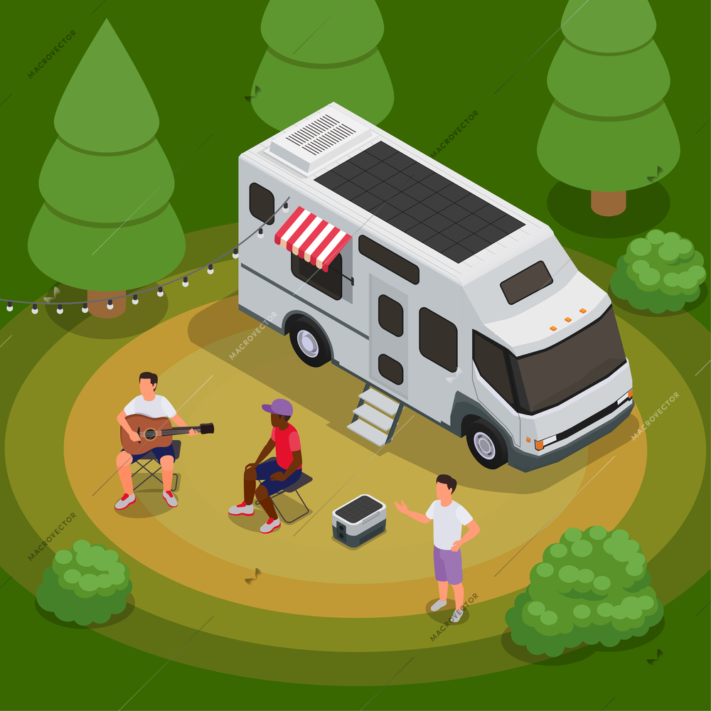 People installing and using solar panels isometric composition group of people camping in the woods with a solar powered trailer vector illustration