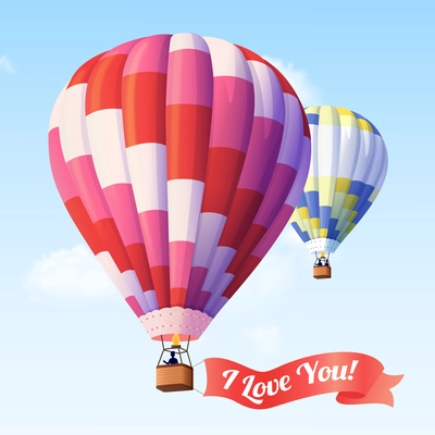 Air balloon with ribbon with I love you text flying in blue sky vector illustration