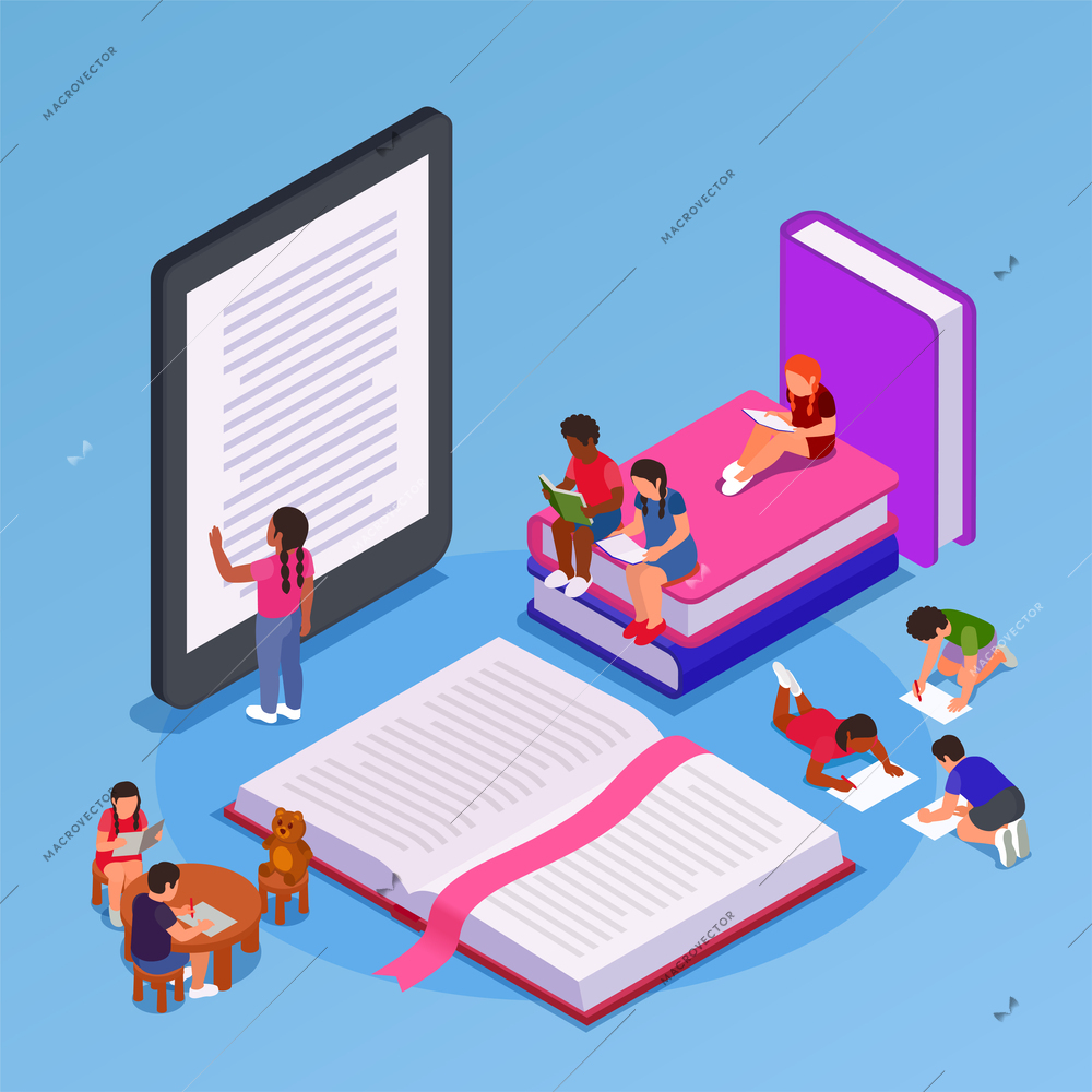 Children reading learning drawing colored isometric concept kids read sitting on giant stacks of books standing by giant ebooks and drawing sitting on the floor vector illustration