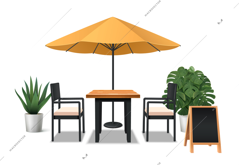 Cafe bar realistic composition with outdoor restaurant furniture vector illustration