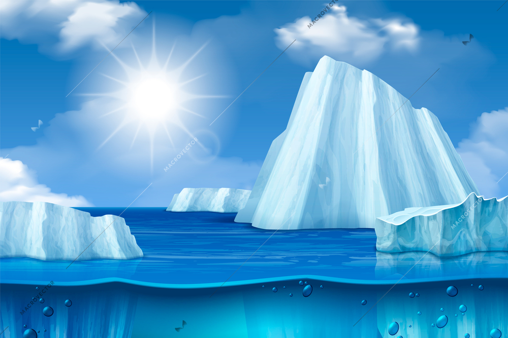 Iceberg glacier realistic composition with frozen glaciers in cold sea vector illustration