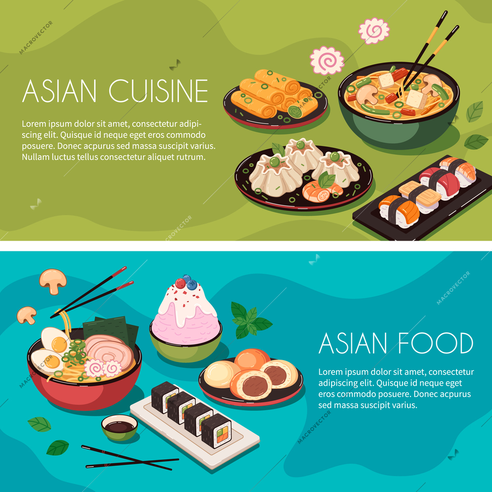 Asian food cartoon banner set with chinese cuising dishes isolated vector illustration