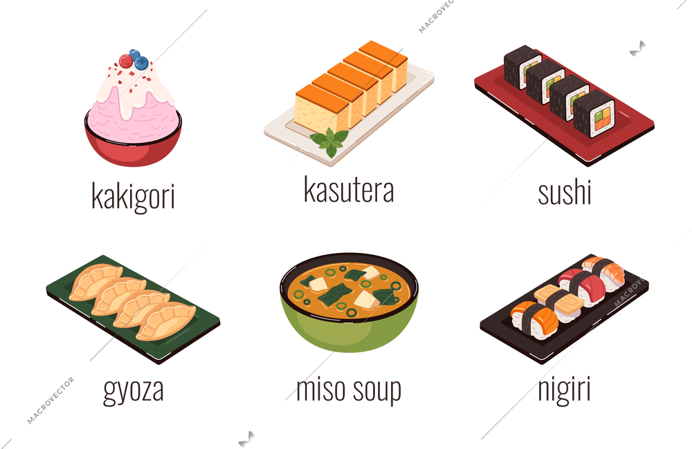 Asian food cartoon icons set with rice and sushi meals isolated vector illustration