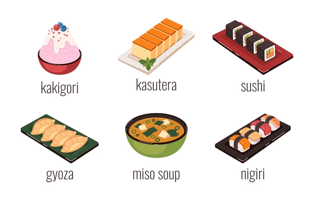 Asian food cartoon icons set with rice and sushi meals isolated vector illustration