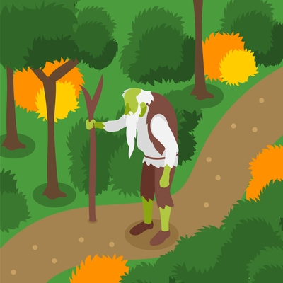 Fairy tale creatures isometric background with wise old man going in forest with stick vector illustration