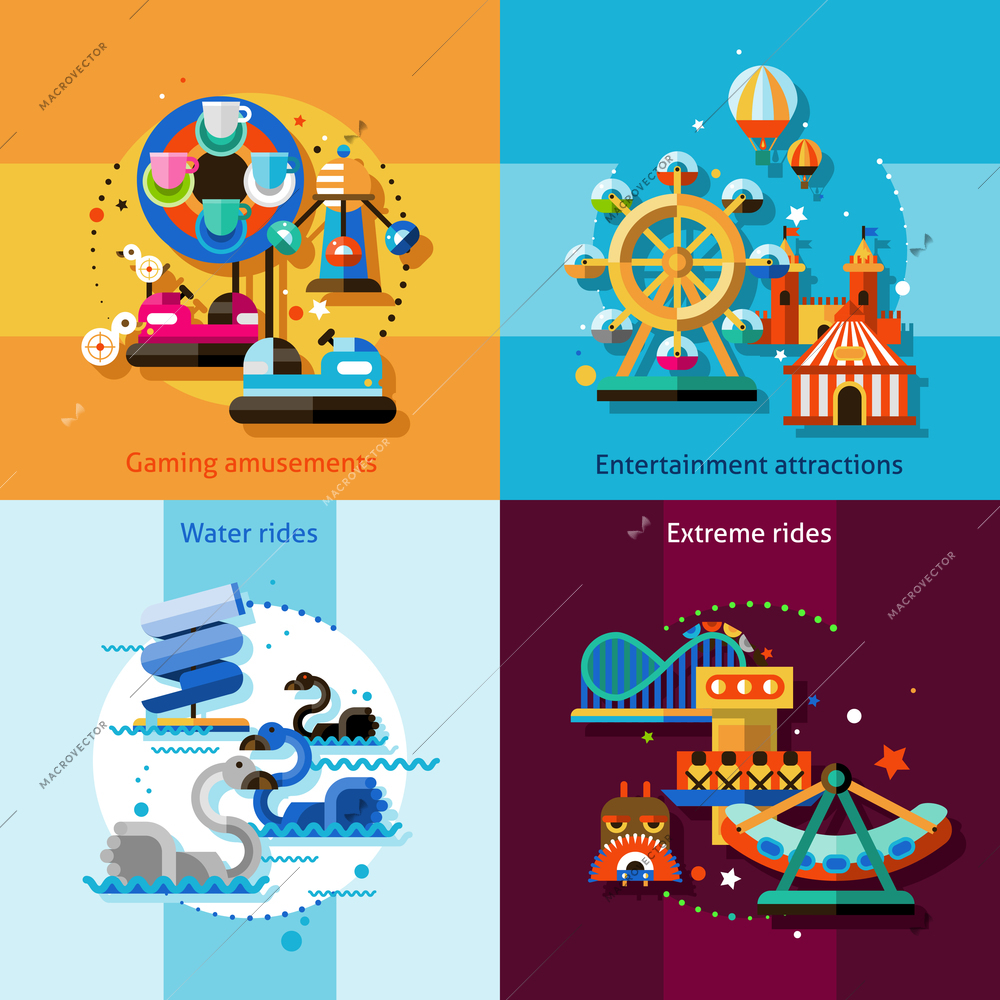 Amusement park design concept set with gaming entertainment attractions water and extreme rides flat icons isolated vector illustration