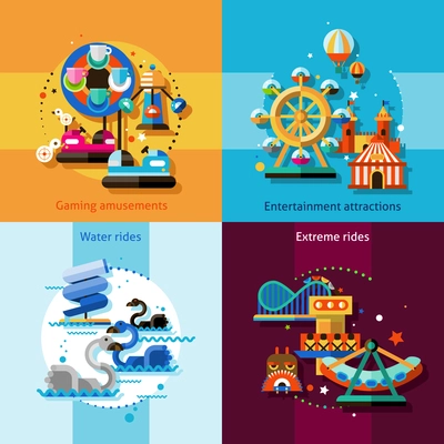 Amusement park design concept set with gaming entertainment attractions water and extreme rides flat icons isolated vector illustration