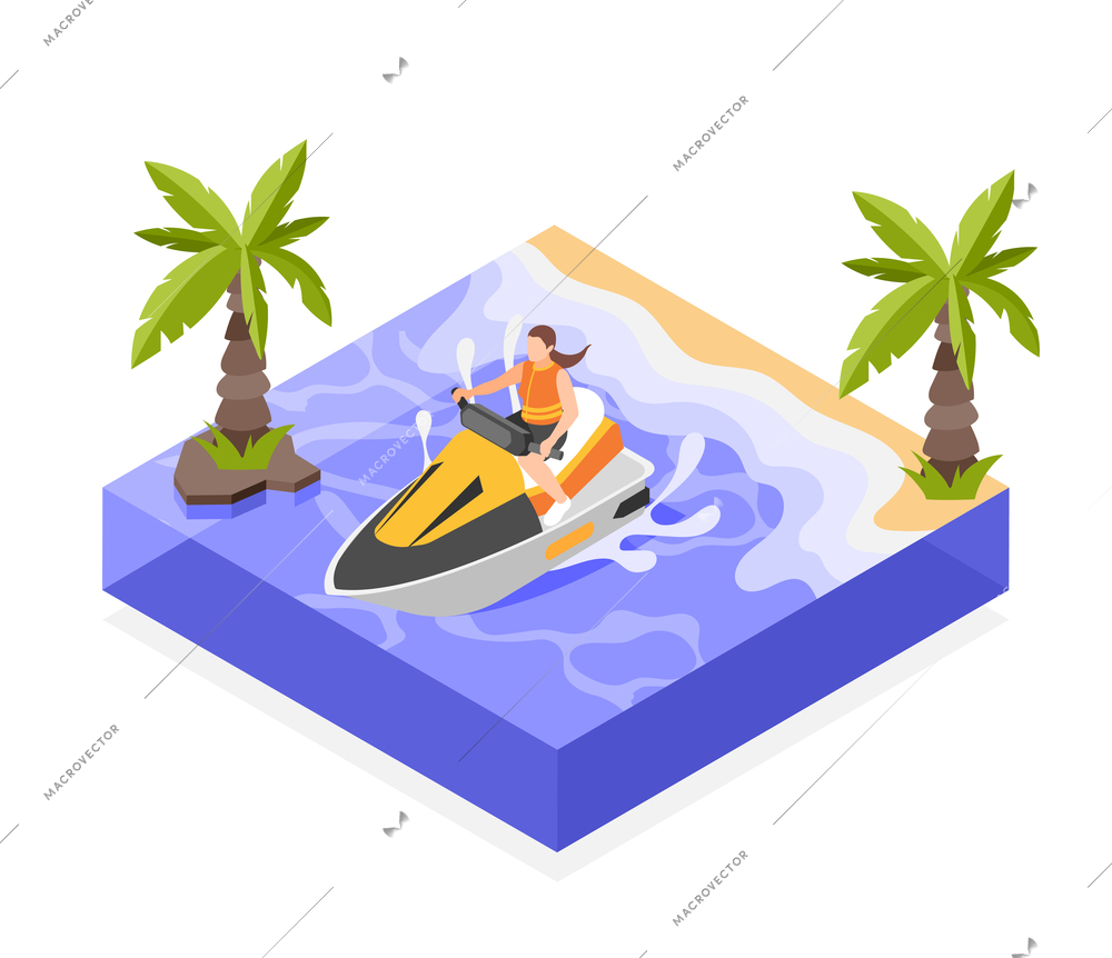 Sailing isometric composition with woman riding jet ski vector illustration