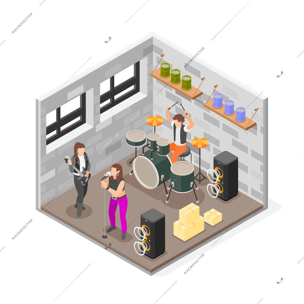 Rock music isometric composition with musician rehersal in garage vector illustration