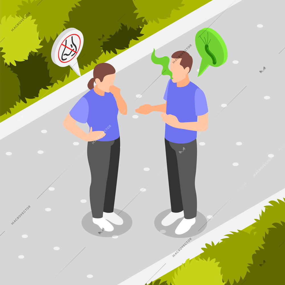 Woman covering her nose in conversation with man infected helicobacter pylori isometric vector illustration