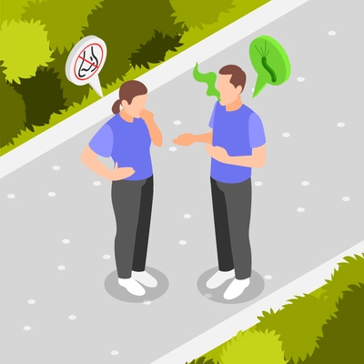 Woman covering her nose in conversation with man infected helicobacter pylori isometric vector illustration