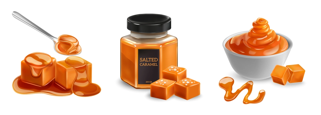 Salted caramel realistic compositions consisting of appetizing caramel cubes and sweet sauce in bowl and jar isolated vector illustration