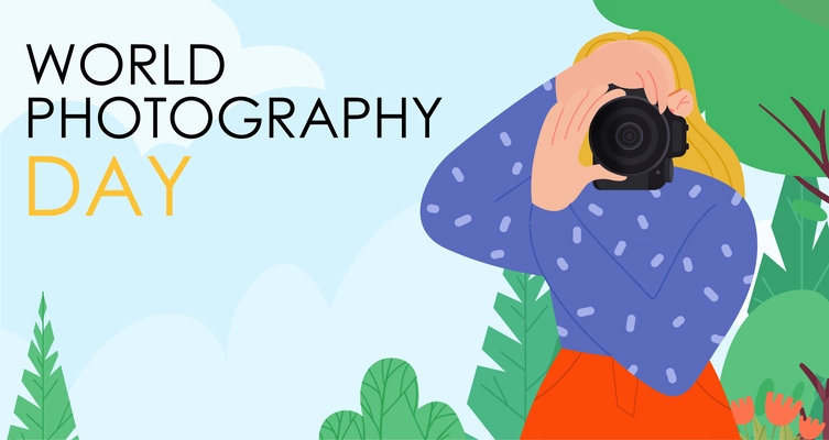 World photography day colored poster with woman with face covered camera photographer flat vector illustration