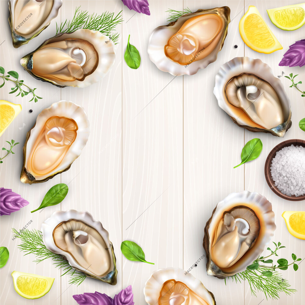 Realistic frame composition with top view of oysters served in their shells with greens and lemon vector illustration