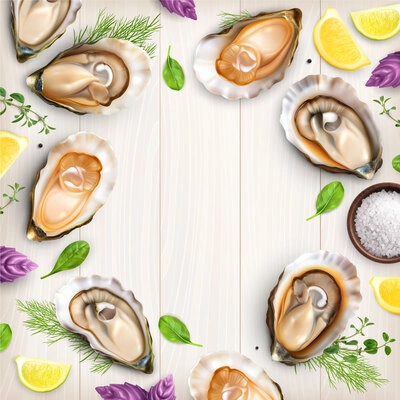 Realistic frame composition with top view of oysters served in their shells with greens and lemon vector illustration