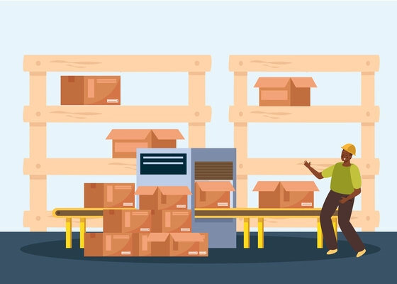 Warehouse logistic flat composition with carton boxes on storage shelf vector illustration