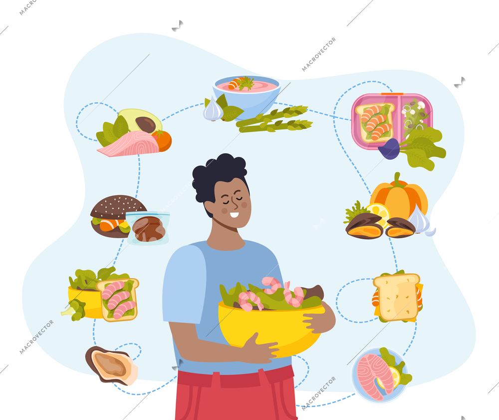 Seafood flat composition with man holding a bowl with fish and other sea products vector illustration