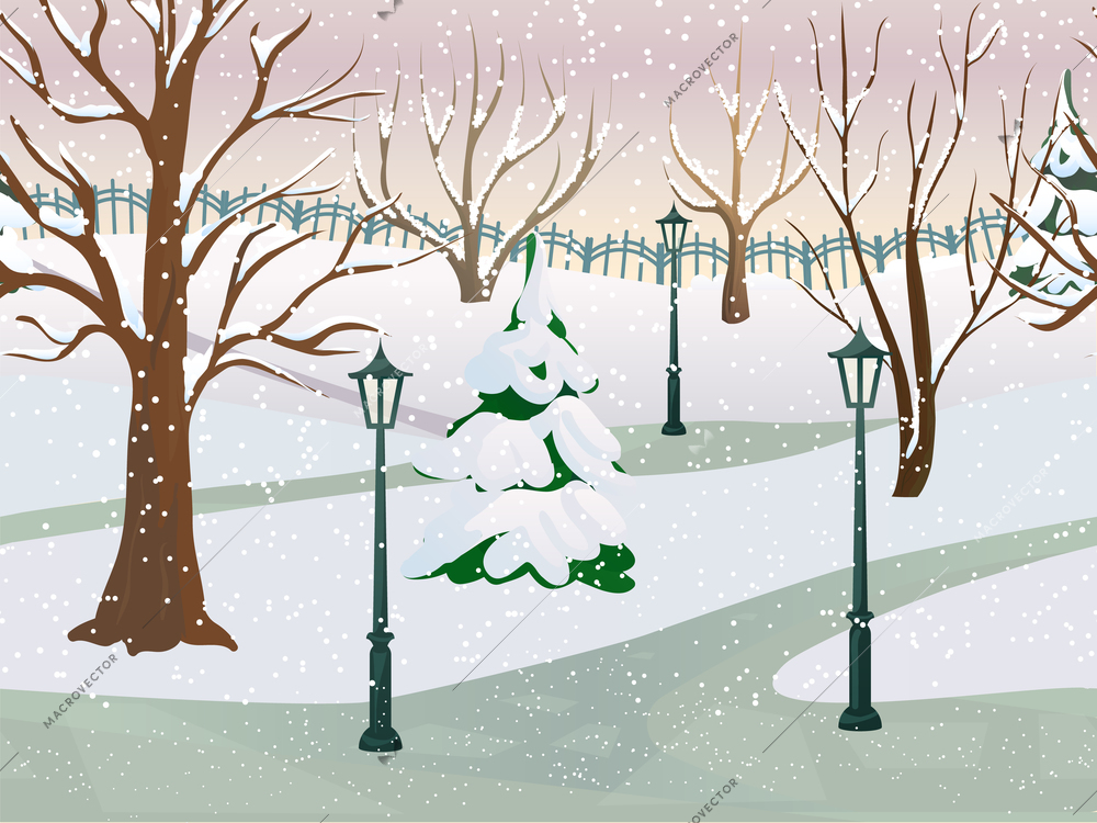 Winter park 2d game landscape with trees covered with snow flat vector illustration