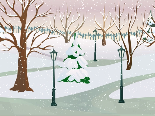 Winter park 2d game landscape with trees covered with snow flat vector illustration