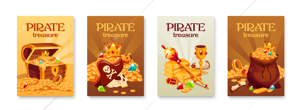 Set of four vertical cartoon pirate treasure posters with shiny gold and gems isolated vector illustration