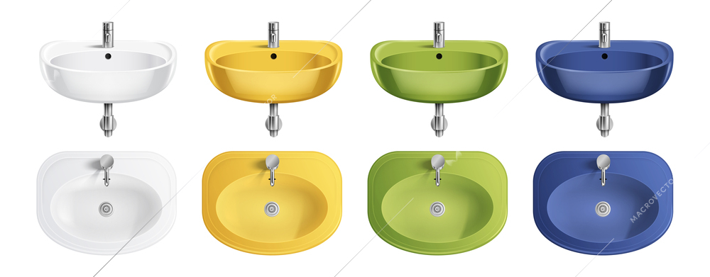 Realistic white sink set with isolated front and top views of yellow green and blue sinks vector illustration