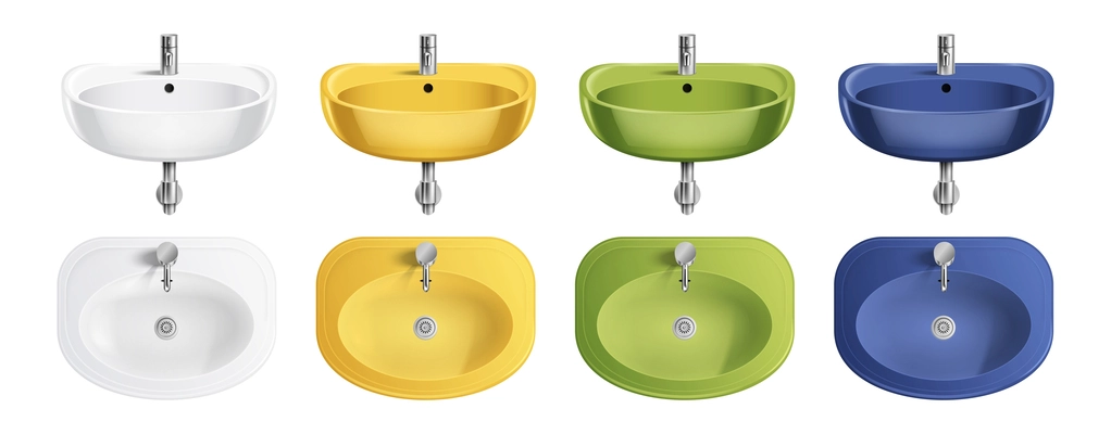 Realistic white sink set with isolated front and top views of yellow green and blue sinks vector illustration