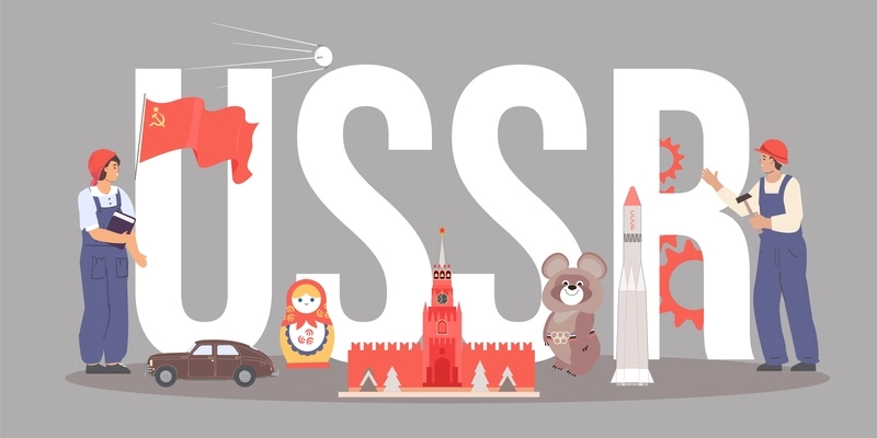 Ussr symbols text composition in flat style on grey background with soviet people kremlin flag olympic bear vector illustration