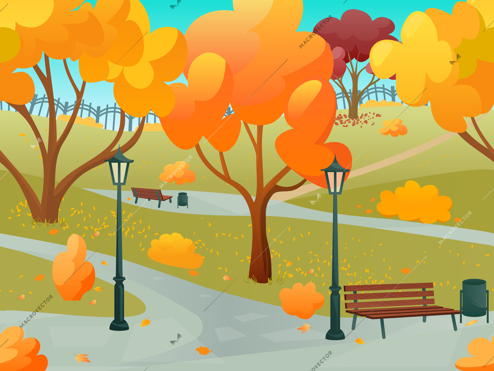 Autumn park 2d game landscape with orange leaf trees flat vector illustration