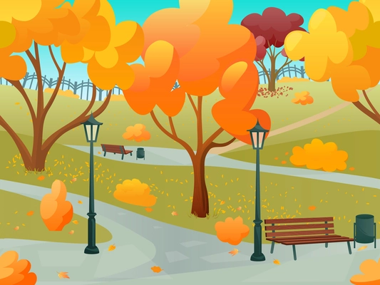 Autumn park 2d game landscape with orange leaf trees flat vector illustration