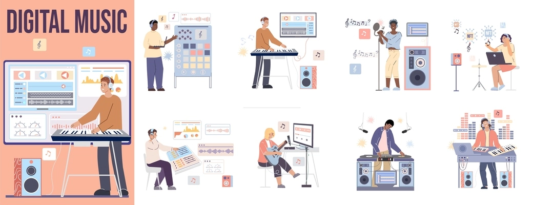 Musicians and sound engineers creating digital music in studio flat composition set isolated vector illustration