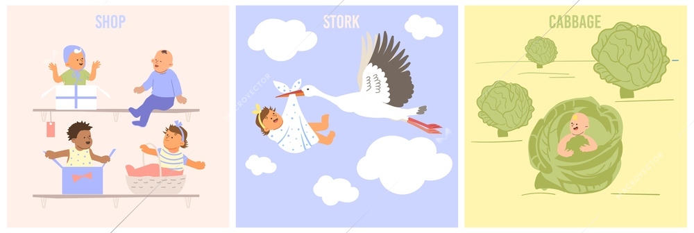 Children birth flat concept set with newborn babies found in cabbage and shop and brought by stork isolated vector illustration