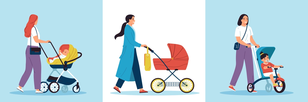 Mothers walking with prams flat set isolated vector illustration