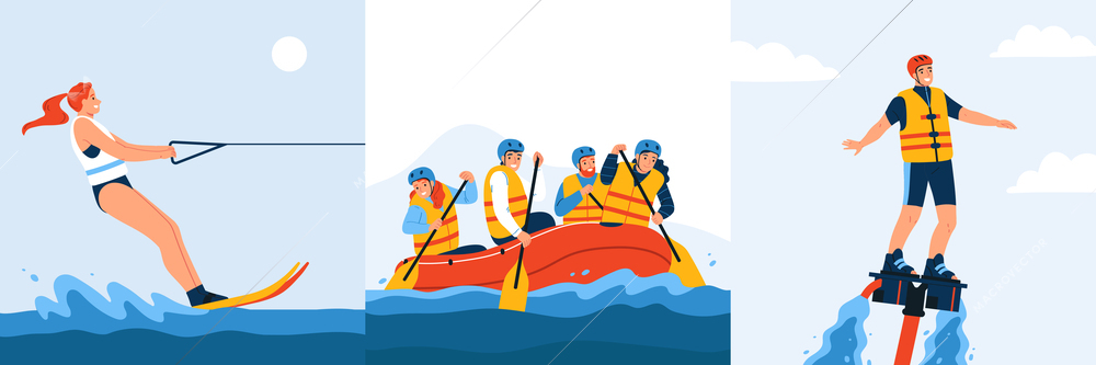 People enjoying active water sports flat set isolated vector illustration