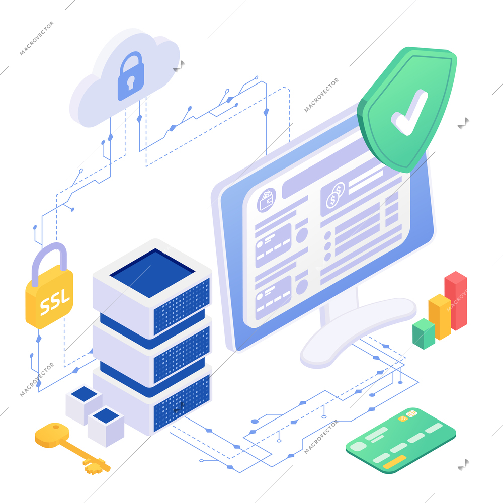 Secure payment isometric composition with isolated view of computer connected to network with clouds ssl keys vector illustration