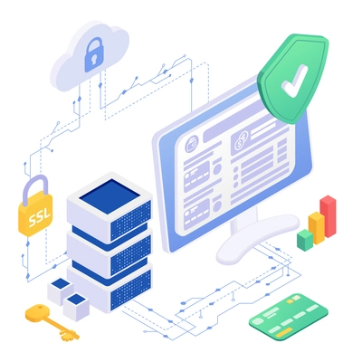 Secure payment isometric composition with isolated view of computer connected to network with clouds ssl keys vector illustration