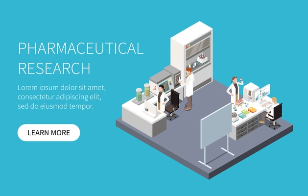 Research development isometric concept with biotech engineers in pharmaceutical lab vector illustration