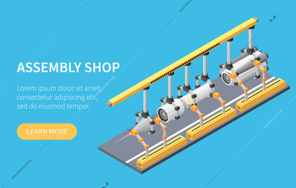 Rocket building isometric concept with spaceshipn assembly shop vector illustration
