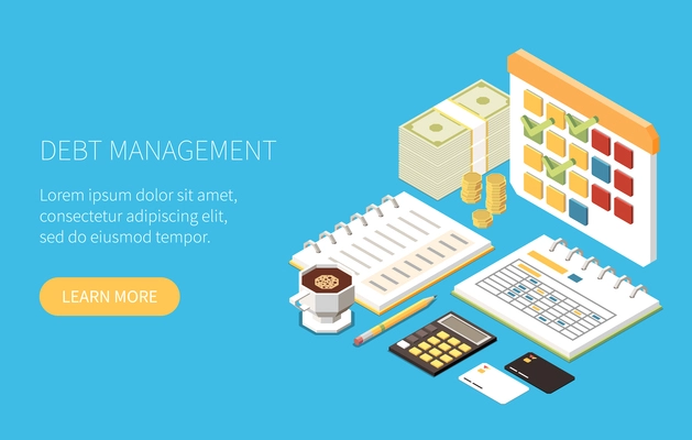 Personal finances isometric concept with debt management symbols vector illustration