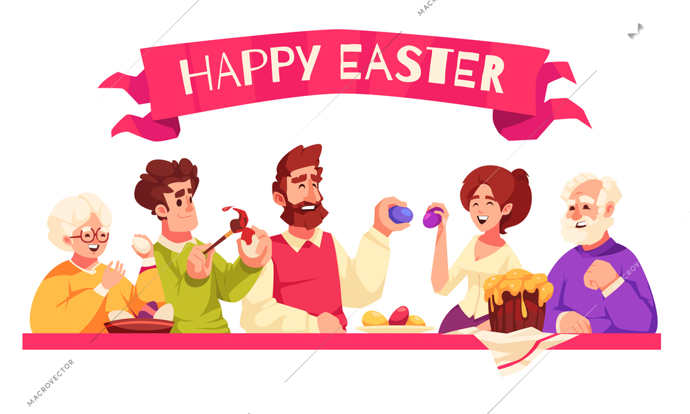 Easter cartoon composition with happy family celebrating holiday vector illustration