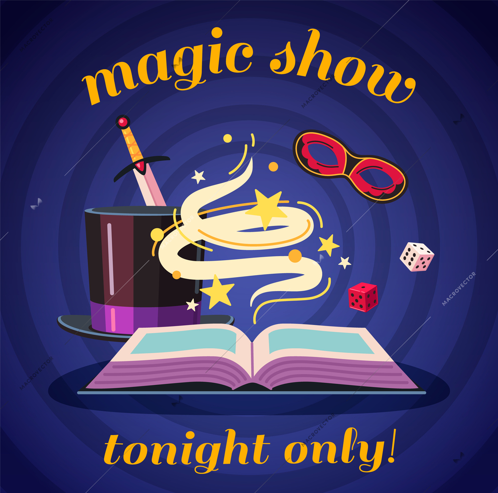 Magic show cartoon poster with magician cylinder and mistery book vector illustration