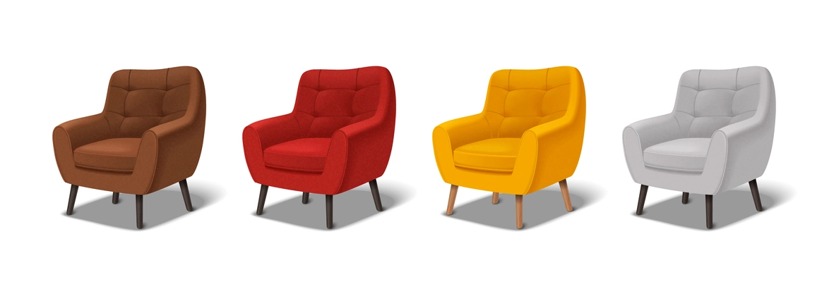 Armchair realistic icons set with soft textile arm chairs in different colors isolated vector illustration