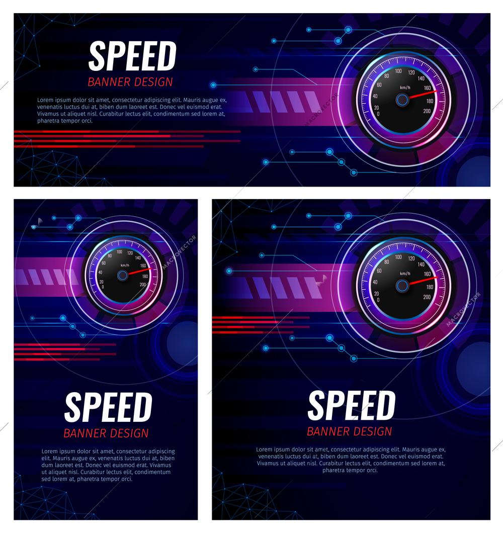 Abstract car racing banner set with realistic speedometer on dark background isolated vector illustration