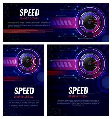 Abstract car racing banner set with realistic speedometer on dark background isolated vector illustration