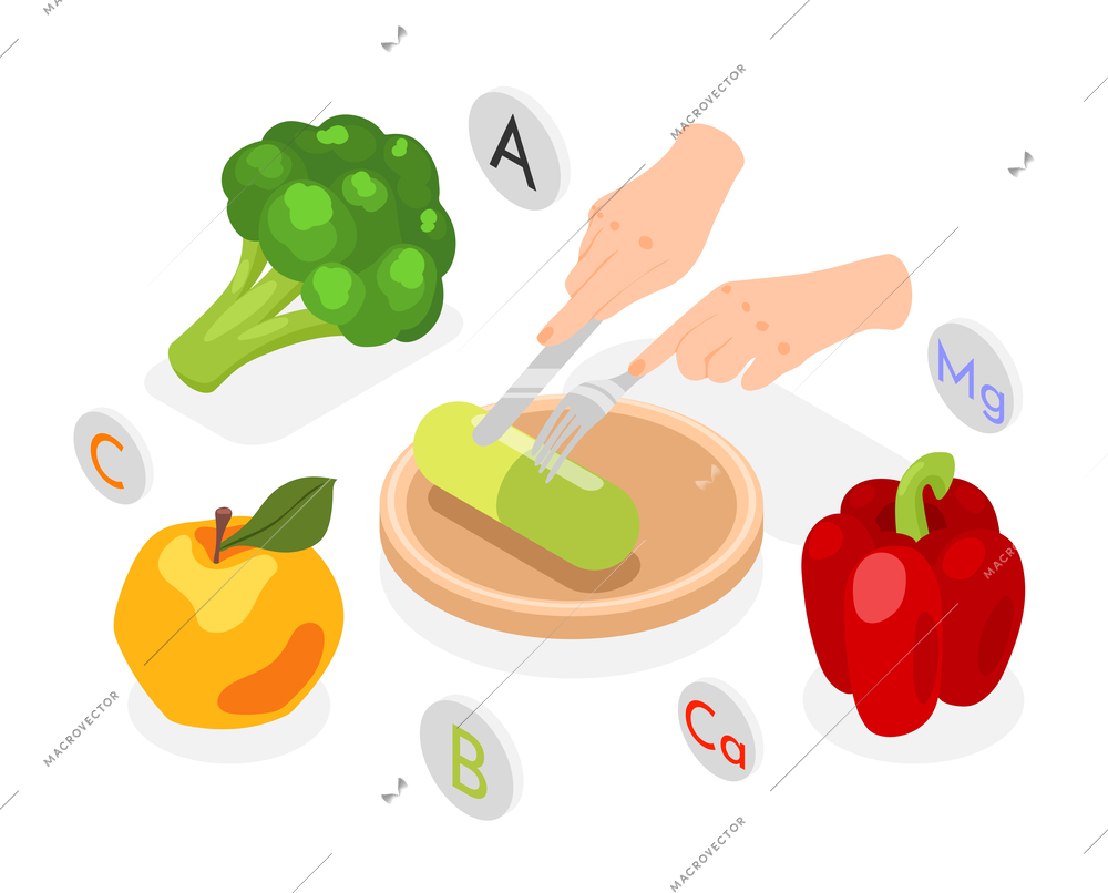 Futuristic food isometric composition with human hands cutting by knife vitamin capsule imitating fruits and vegetables vector illustration